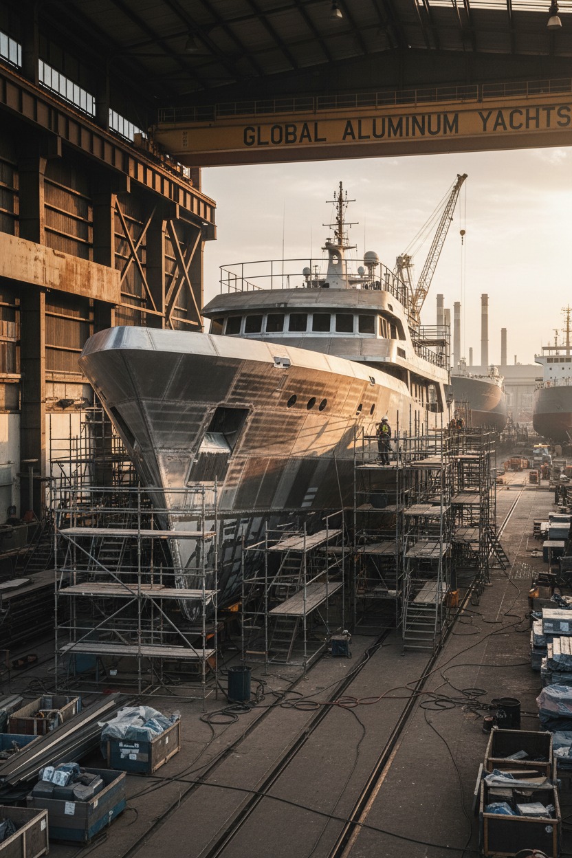 Uno yacht in alluminio in costruzione all'interno di un cantiere navale circondato da impalcature.