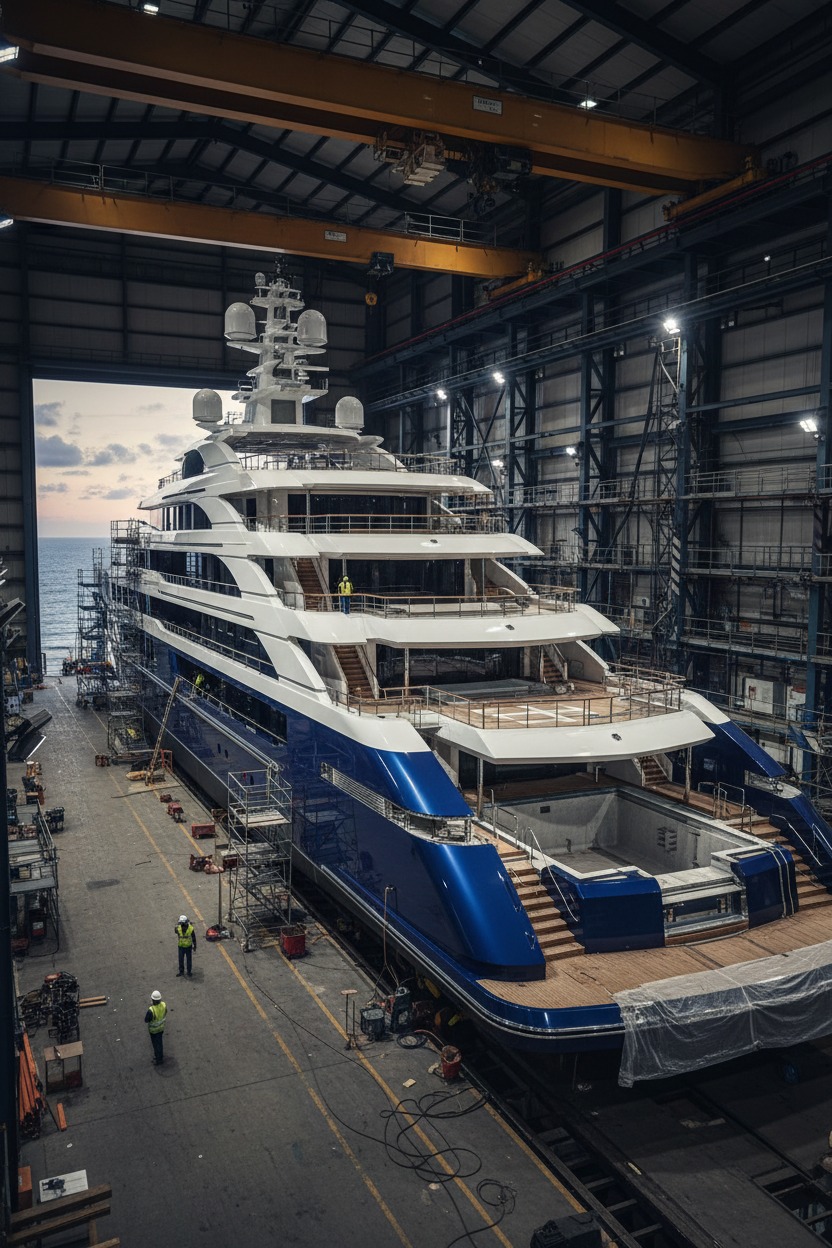 Uno yacht di lusso in costruzione all'interno di un grande cantiere navale affacciato sul mare.