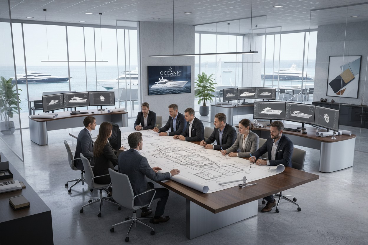 Un team di professionisti in giacca e cravatta è riunito attorno a un grande tavolo in un ufficio moderno con vista sul mare per esaminare i progetti tecnici di uno yacht.