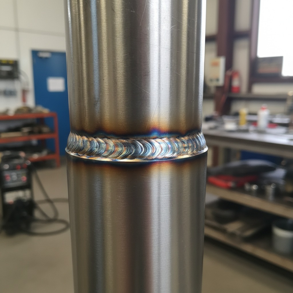 Un dettaglio ravvicinato di una saldatura circolare su un tubo metallico in un'officina.