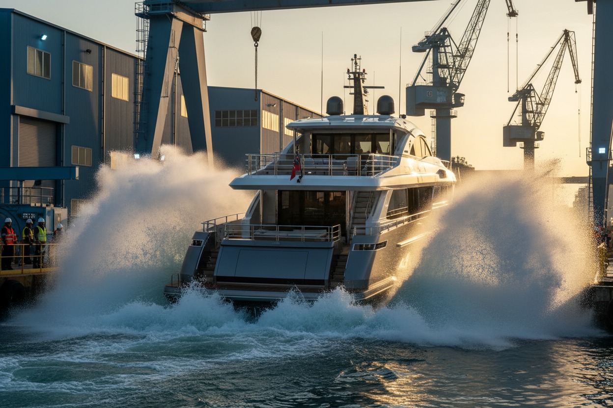 Uno yacht di lusso viene varato in mare sollevando grandi spruzzi d'acqua in un cantiere navale al tramonto.