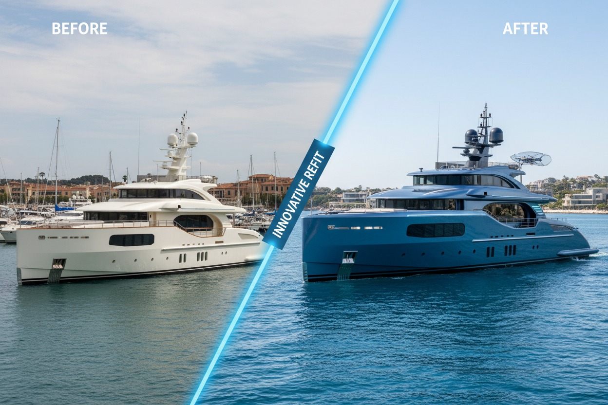 Confronto tra lo yacht prima e dopo un intervento di refitting innovativo.