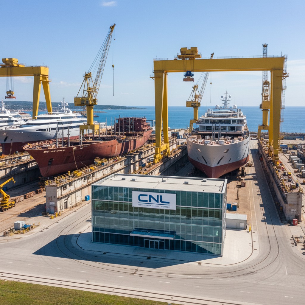 Veduta aerea di un cantiere navale con grandi gru gialle che lavorano su navi in costruzione accanto a un moderno edificio per uffici con il logo CNL.